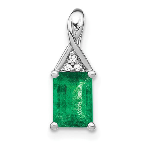 14k White Gold Rectangle Emerald and Diamond Pendant