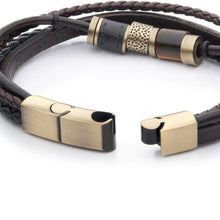 Load image into Gallery viewer, Black &amp; Brown Leather with Tiger&#39;s Eye Stone Bead Multi-Strand Bracelet
