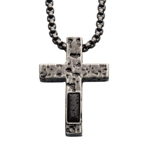 Stainless Steel Silver Plated Cross Pendant with Lava Stone Pendant, with Steel Box Chain