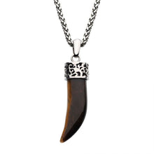 Load image into Gallery viewer, Stainless Steel with Tiger Eye Stone Horn Pendant, with Steel Wheat Chain
