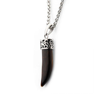 Stainless Steel with Tiger Eye Stone Horn Pendant, with Steel Wheat Chain