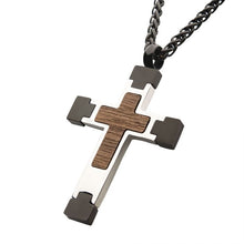 Load image into Gallery viewer, Steel Cross Pendant with Walnut Wood Inlay, with Black Wheat Chain