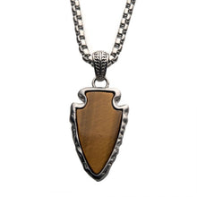 Load image into Gallery viewer, Tiger Eye Stone with Brushed Steel Frame Pendant with a Brushed Steel Box Chain