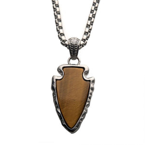 Tiger Eye Stone with Brushed Steel Frame Pendant with a Brushed Steel Box Chain