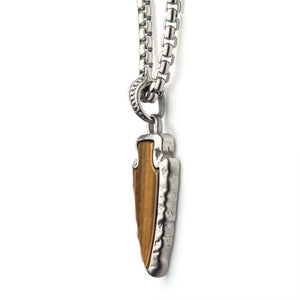 Tiger Eye Stone with Brushed Steel Frame Pendant with a Brushed Steel Box Chain