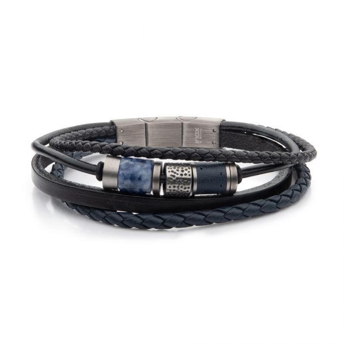 Black & Blue Leather with Sodalite Stone Bead Multi-Strand Bracelet