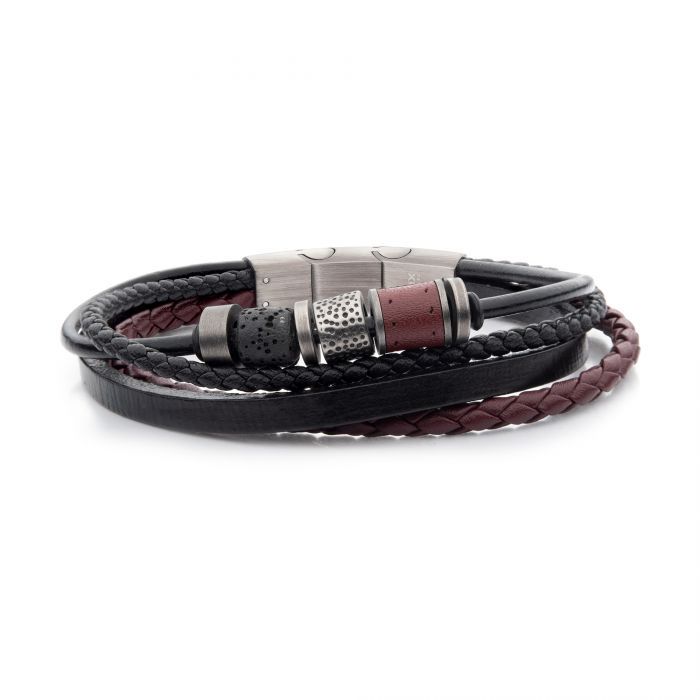 Black & Burgundy Leather with Lava Stone Bead Multi-Strand Bracelet