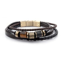 Load image into Gallery viewer, Black &amp; Brown Leather with Tiger&#39;s Eye Stone Bead Multi-Strand Bracelet