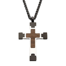 Load image into Gallery viewer, Steel Cross Pendant with Walnut Wood Inlay, with Black Wheat Chain