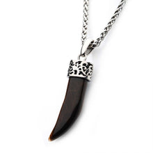 Load image into Gallery viewer, Stainless Steel with Tiger Eye Stone Horn Pendant, with Steel Wheat Chain