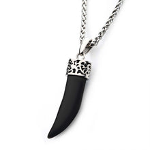 Load image into Gallery viewer, Stainless Steel with Black Agate Stone Horn Pendant, with Steel Wheat Chain