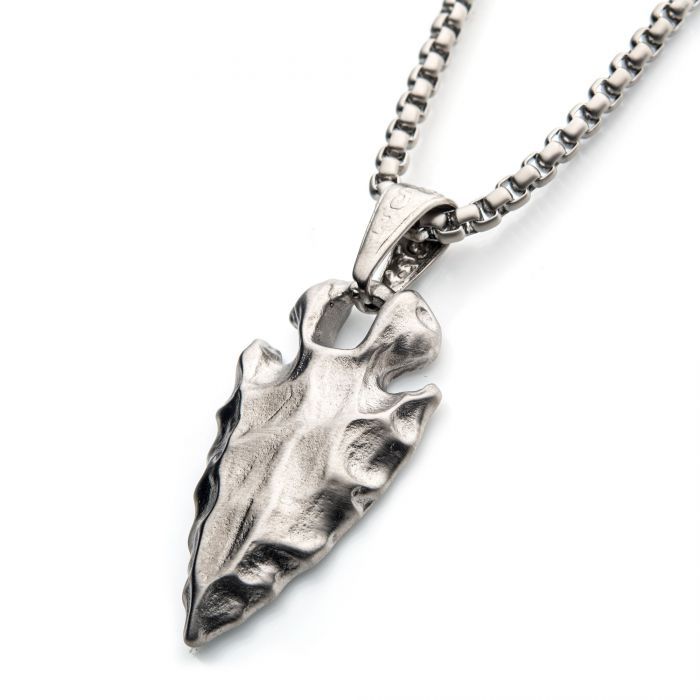 Brushed Steel Chiseled Arrowhead Pendant with Box Chain