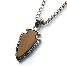 Load image into Gallery viewer, Tiger Eye Stone with Brushed Steel Frame Pendant with a Brushed Steel Box Chain
